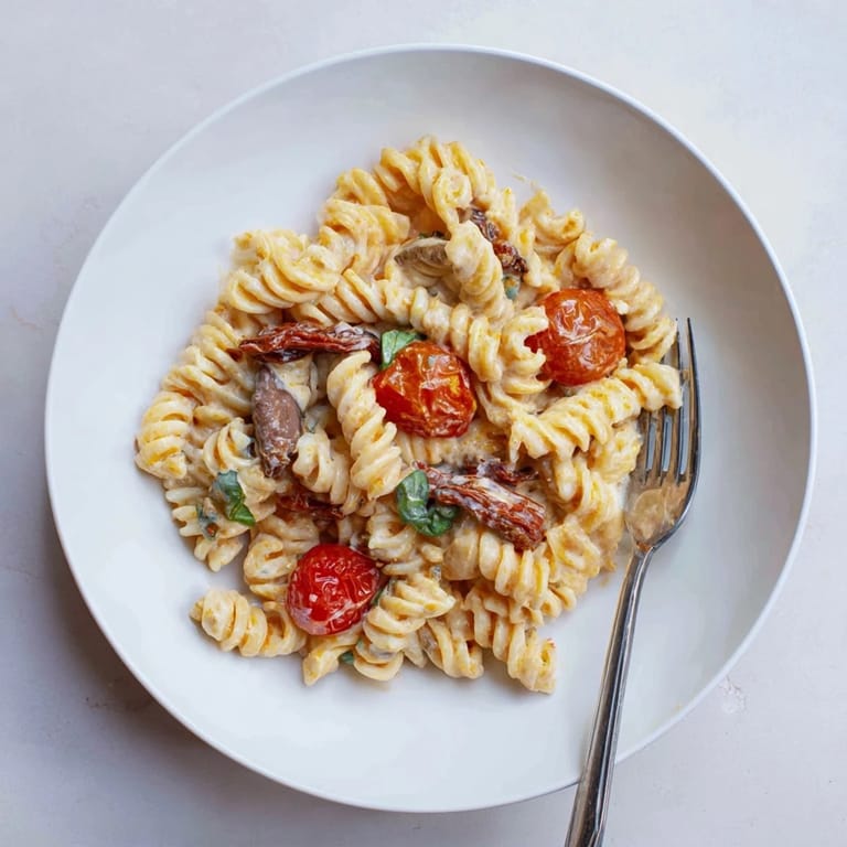 Delicious baked feta pasta drizzled with olive oil and fresh basil for flavor.  