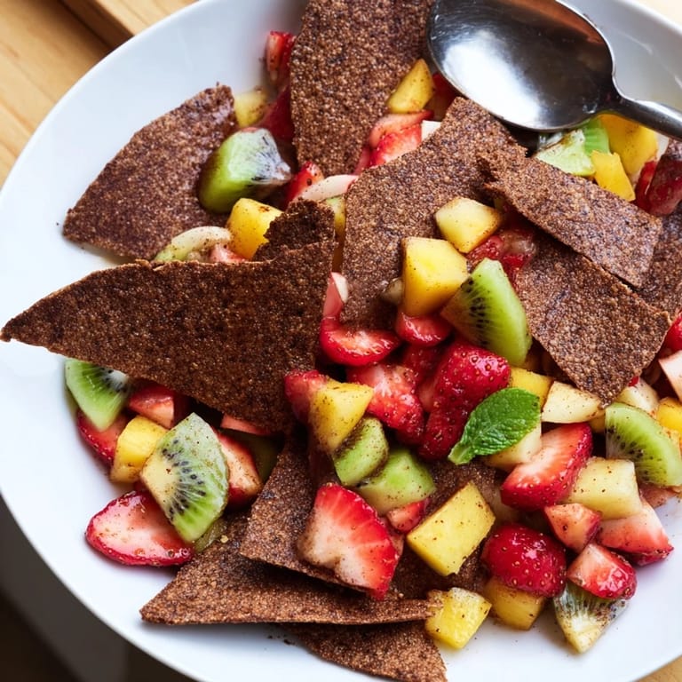 A delightful serving of Dessert Chips & Salsa, featuring sweet chocolate chips and fruity salsa.