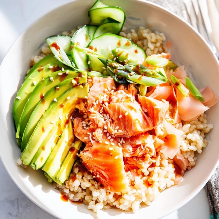 Microwave-steamed Leftover Salmon & Rice Bowl boasts vibrant colors and flavors.