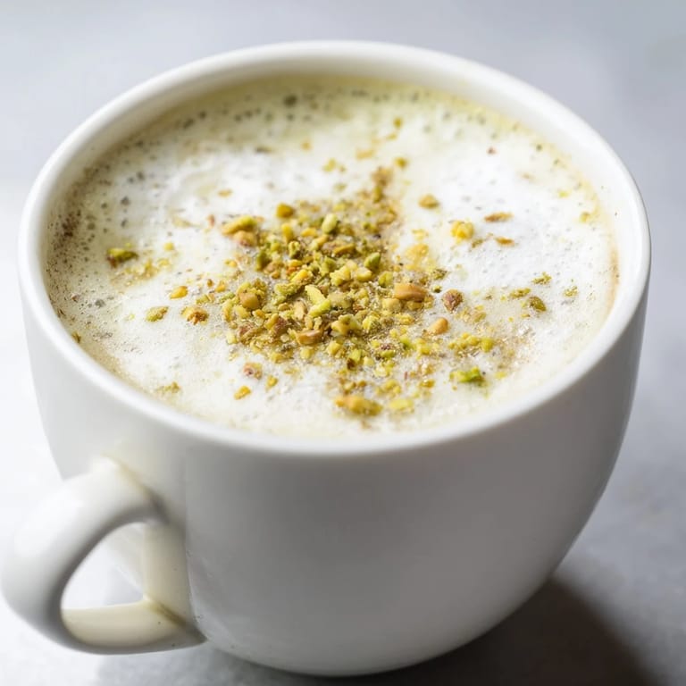 Homemade pistachio milk latte served hot for a delicious, nutty coffee experience.  