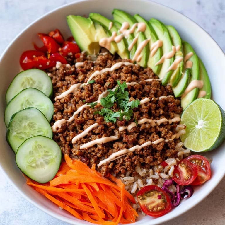 Wholesome plant-based meat bowl featuring rice, vibrant veggies, and zesty lime wedges.