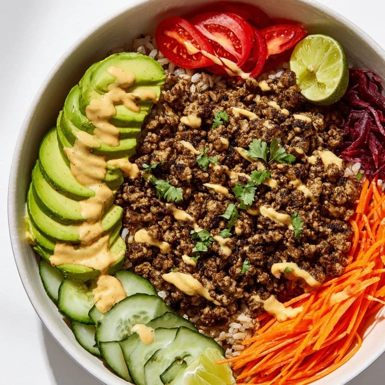 Delicious plant-based meat bowl drizzled with spicy mayo and garnished with cilantro.  