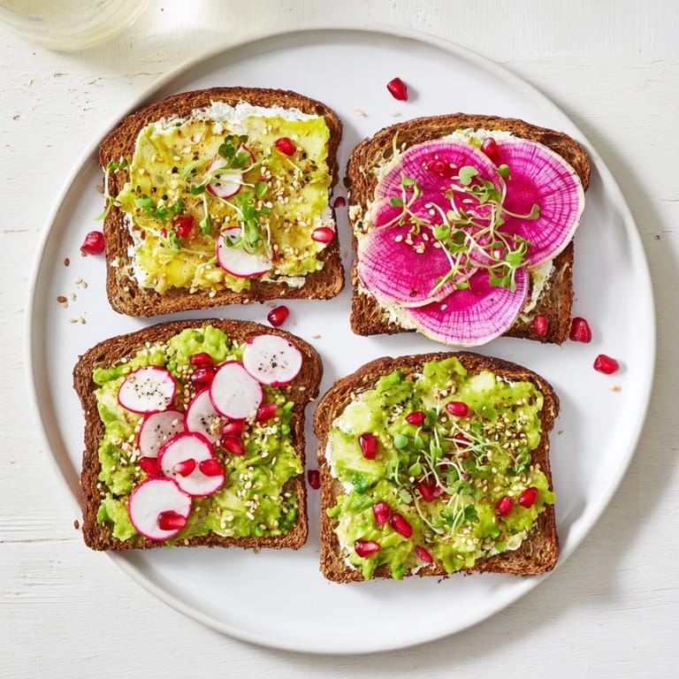 Colorful breakfast toasts with creamy ube spread, avocado, and pomegranate seeds.  