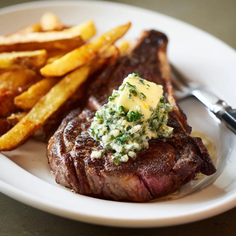 Perfectly seared steak topped with rich garlic butter, served with crispy fries.  
