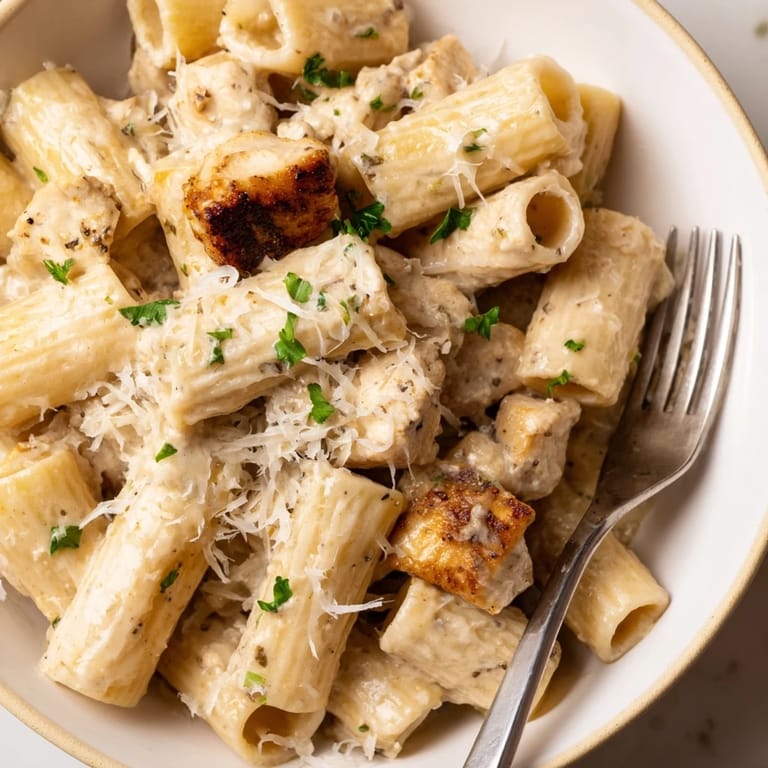 Rich and comforting Creamy Garlic Parmesan Chicken Rigatoni topped with extra Parmesan cheese.