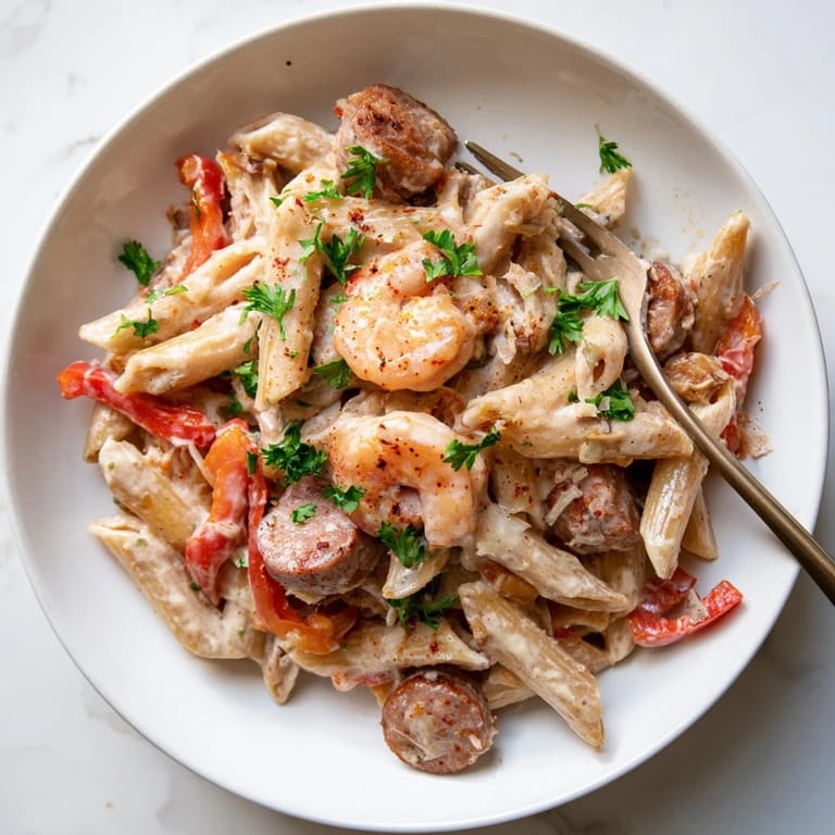 A delicious Cajun Sausage & Shrimp Alfredo Pasta Skillet simmering with rich flavors and spices.  
