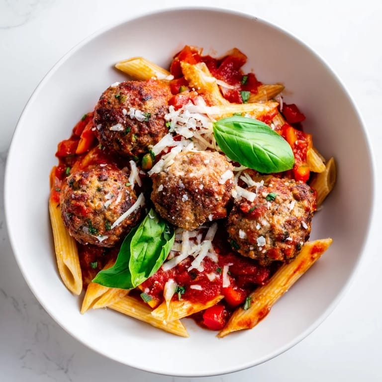 Golden-brown meatballs nestled in rich tomato sauce, featuring this comforting Italian Meatball Pasta Skillet.