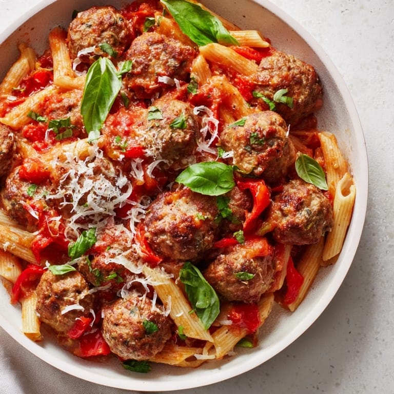 This delicious, one-pan Italian Meatball Pasta Skillet shows cheesy pasta and savory meatballs, ready to eat.