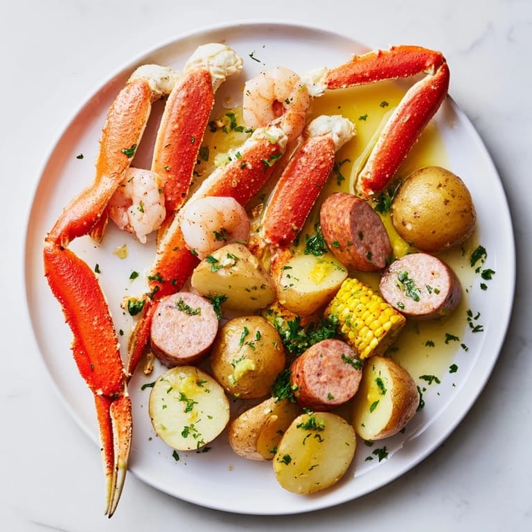 Enjoy the robust flavors of a Southern-style seafood boil with crab legs, shrimp, and sausage.