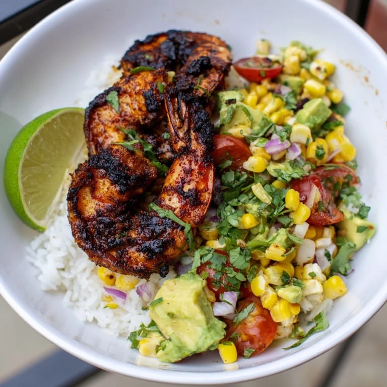 Fluffy rice piled high, topped with spicy blackened shrimp and fresh avocado corn salsa.