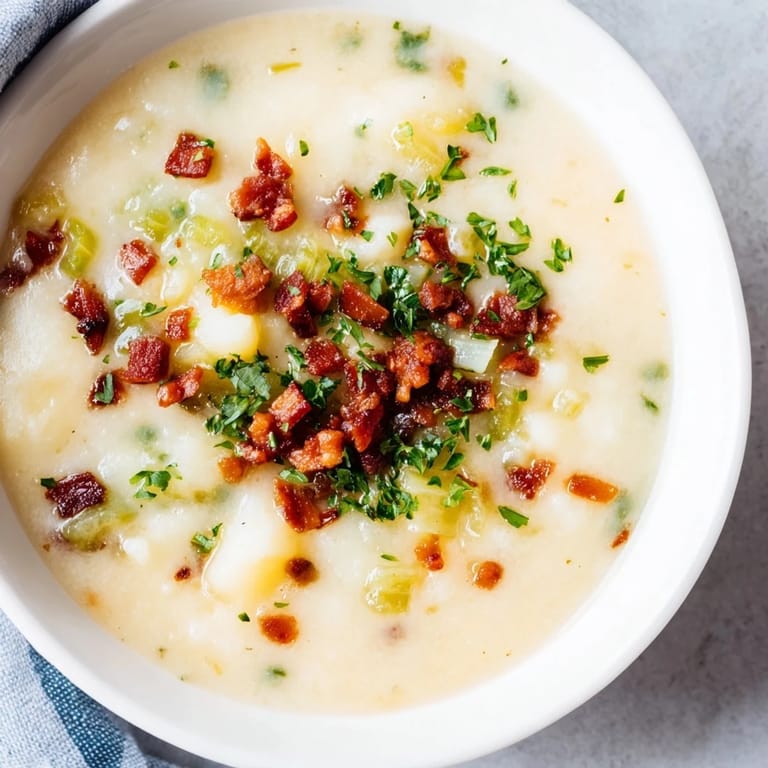 A close-up of a rustic bowl filled with warming Potato, Leek & Chorizo Soup, ready to be enjoyed.