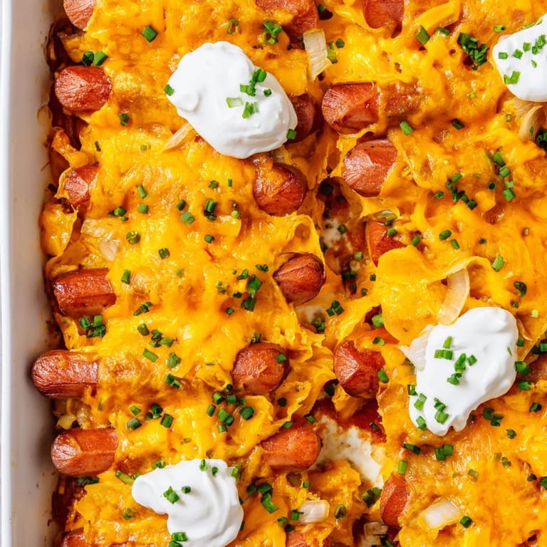 This image shows a freshly baked Chili Dog Casserole with a perfect blend of toppings and texture.