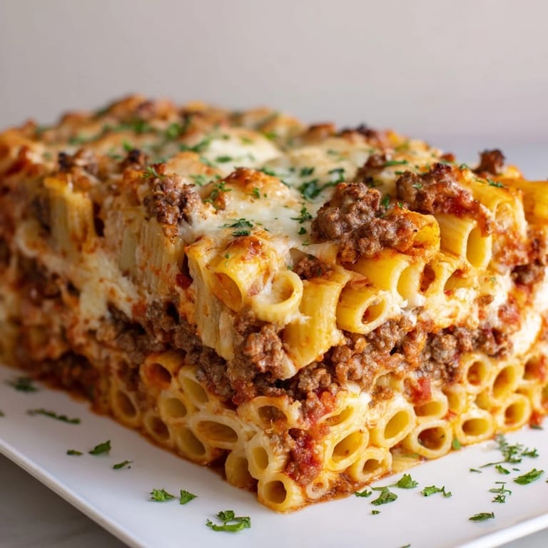 Golden-brown, cheesy Baked Ziti with Meat Sauce, perfect comfort food ready to serve family and friends.