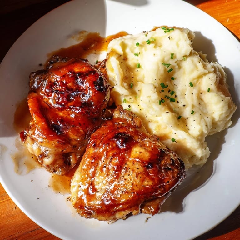 Tender honey BBQ chicken thighs, dripping with sweet sauce, and a scoop of creamy garlic mashed potatoes.