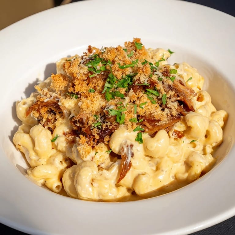 A close-up shot of baked Barbecue Pulled Pork Mac and Cheese, showcasing the crispy topping.