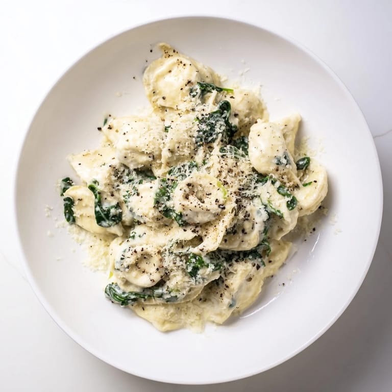 Enjoy a steaming bowl of creamy spinach Alfredo tortellini, ready in 30 minutes for a satisfying meal.