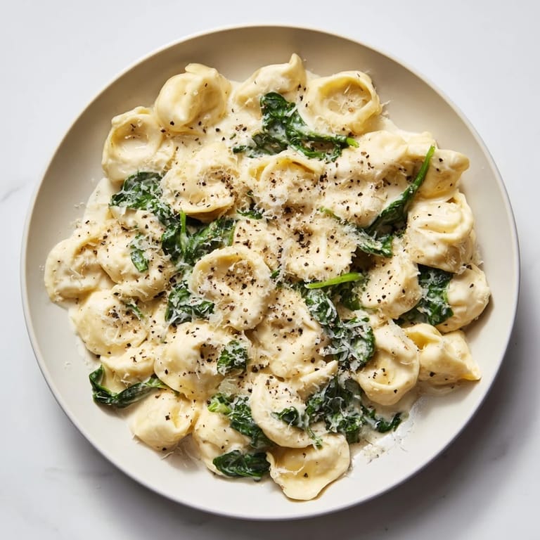 This creamy spinach Alfredo tortellini features tender pasta in a velvety sauce, garnished with Parmesan.