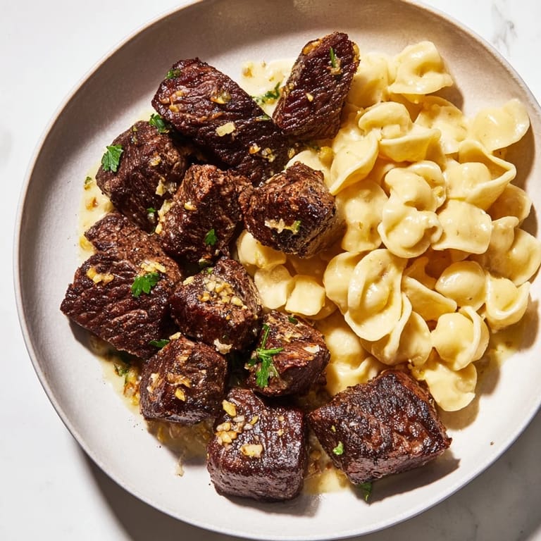 A close-up of savory garlic butter steak bites and cheesy shells, ready for a delicious dinner.