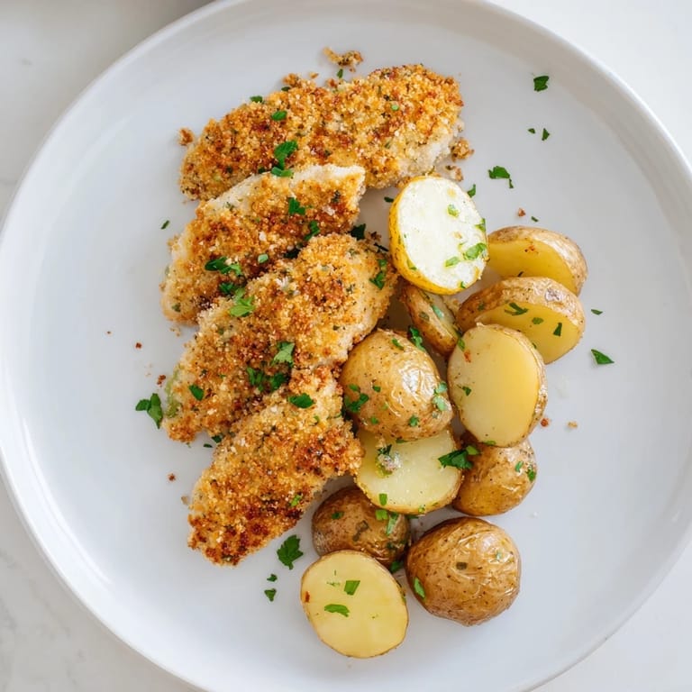See the crunch: a plate of delicious crispy Parmesan crusted chicken & potatoes for a family meal.