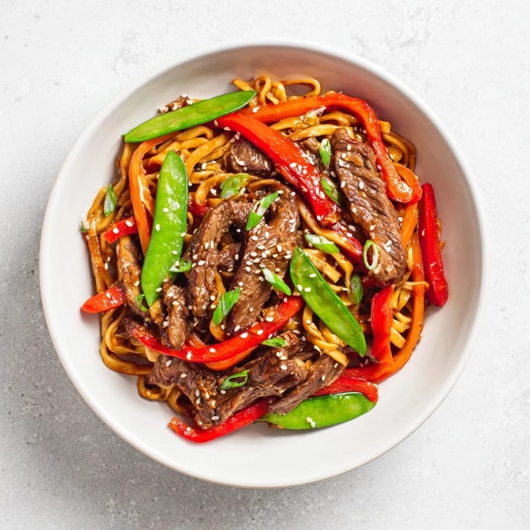 A savory Teriyaki Beef & Noodle Bowl, with a sweet glaze, showing hearty noodles and colorful veggies, inviting aroma.
