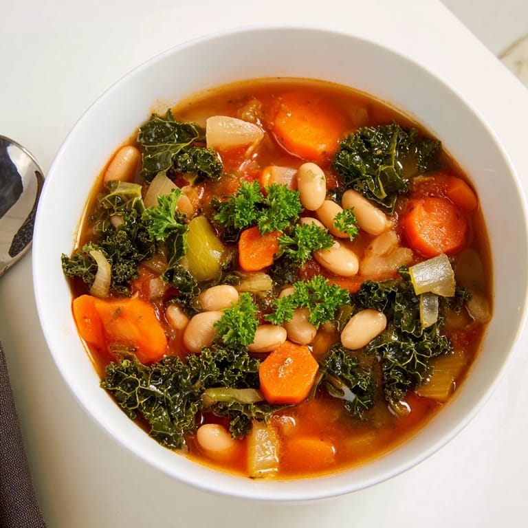 Vibrant image of Italian Bean & Kale Stew, a hearty vegetarian meal with fragrant herbs and beans.
