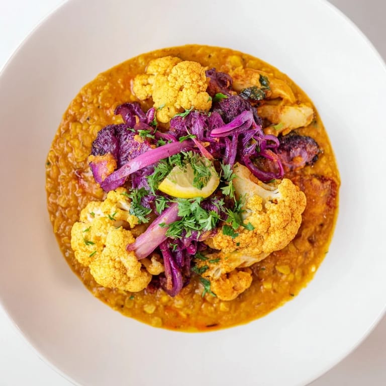 Bright, flavorful Red Cabbage, Cauliflower & Coconut Dhal; a comforting vegetarian Indian-inspired meal.