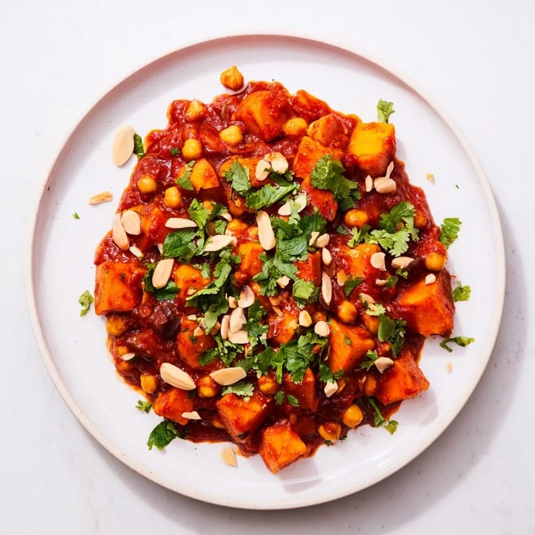 A close-up of a fragrant Moroccan Chickpea & Sweet Potato Tagine, served with fresh cilantro and lemon wedges.
