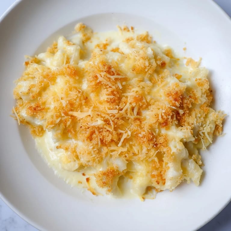 A close-up view of creamy, baked Mac & Cheese with Evaporated Milk, topped with melted cheese and crispy bits.