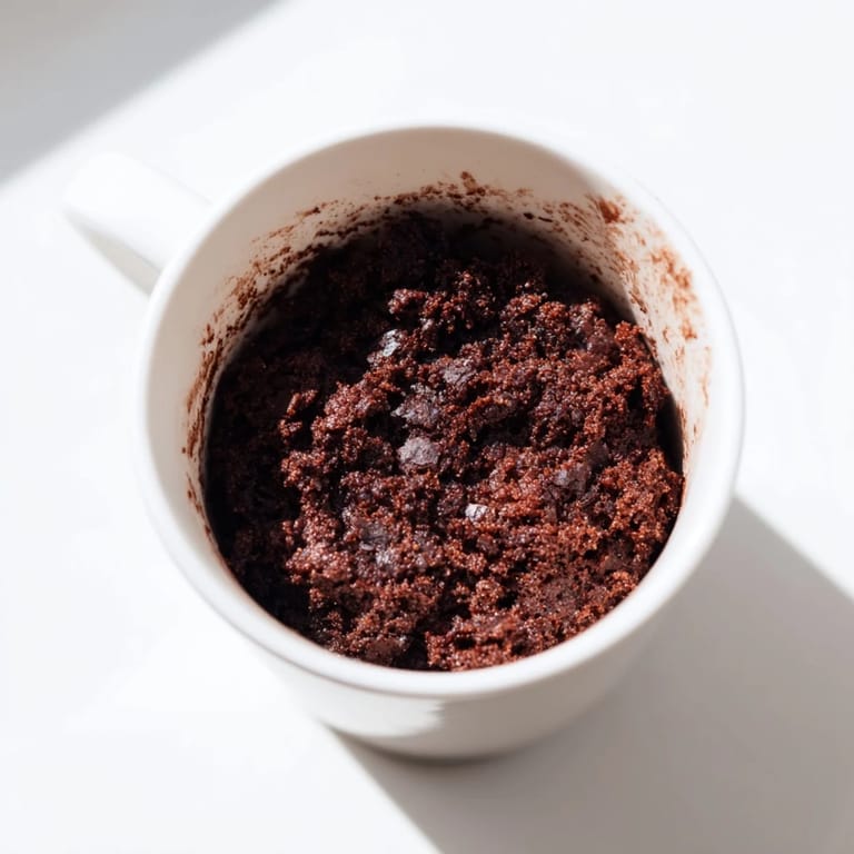 Chocolate microwave mug cake, steaming hot from the microwave, ready in under five minutes.
