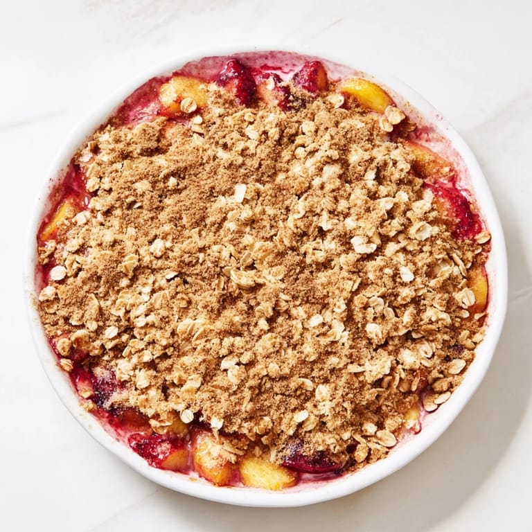 Sweet, bubbly Fruit Crisp, showcasing the vibrant colors of mixed frozen fruit and a crumbly oat topping.