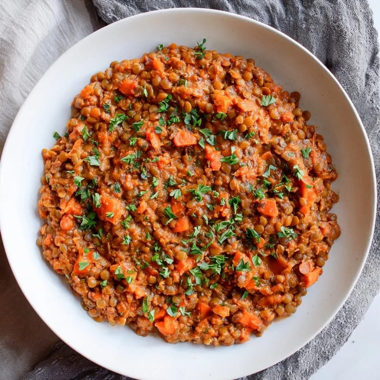 This Creamy Tomato Basil Lentil Bolognese showcases a creamy, red sauce with visible fresh basil leaves.