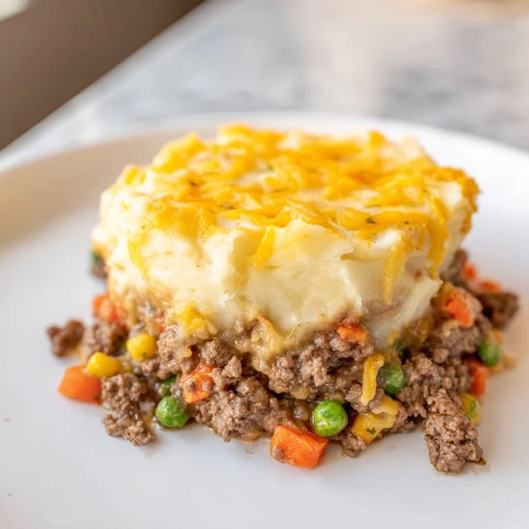 A warm, hearty photo shows steaming Budget Shepherds Pie with a richly flavored filling.