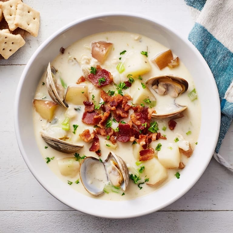 Close-up of a bubbling pot of homemade New England Clam Chowder, ready to be served hot.