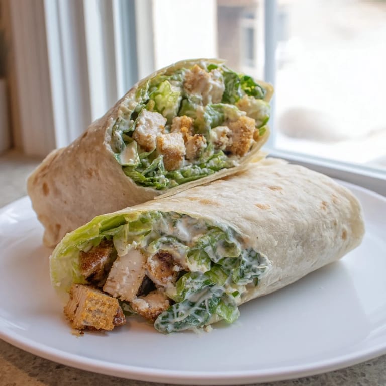 Close-up of a Chicken Caesar Wrap, showcasing juicy chicken and crisp romaine lettuce, ready to be enjoyed.