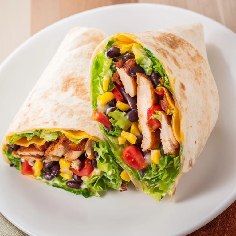 Close-up of a perfectly wrapped Southwest Chicken Wrap, ready to eat, with a creamy sauce.