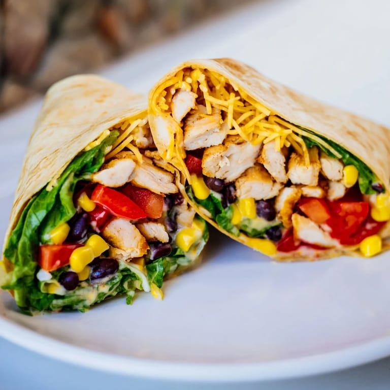 Freshly made Southwest Chicken Wrap, sliced open to reveal the delicious fillings and tempting flavors.