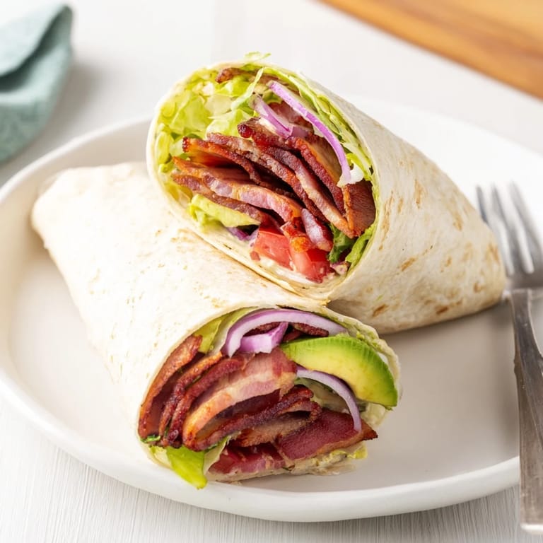 A close-up of a delicious zesty BLT wrap, perfectly rolled and ready to eat, with visible ingredients.