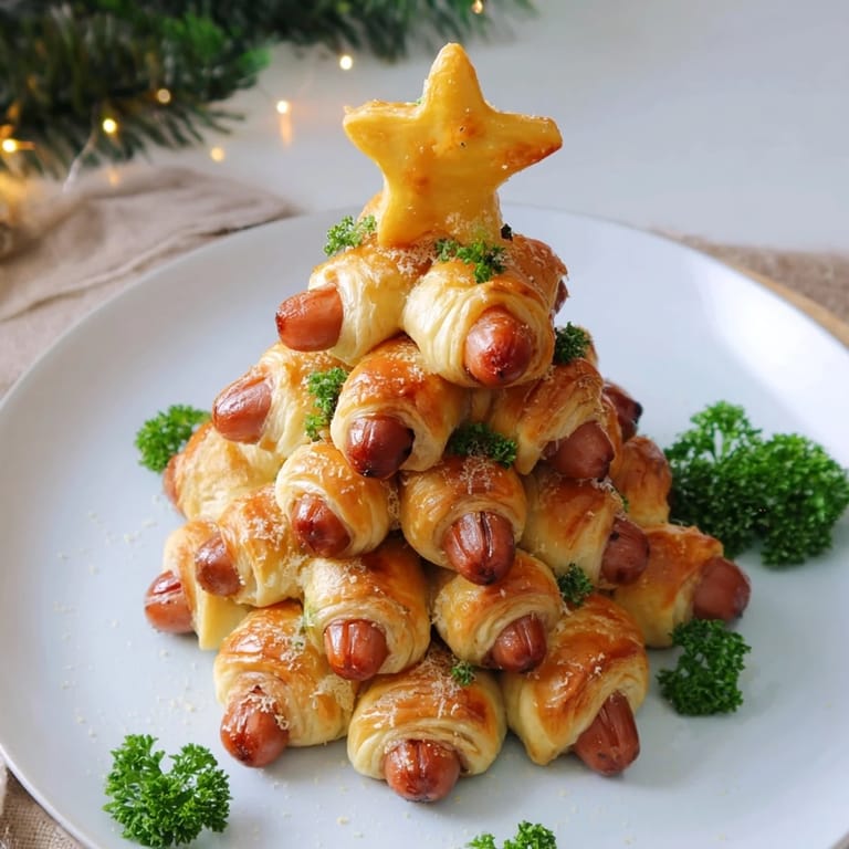 Crispy pastry hugging savory mini sausages: a delicious Express Pigs in Blanket Christmas Tree for your gathering.