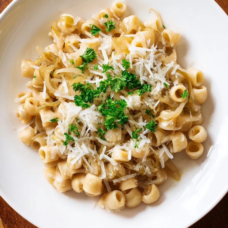 A close-up of buttery, caramelized onions mingled within the Creamy French Onion Ditalini.