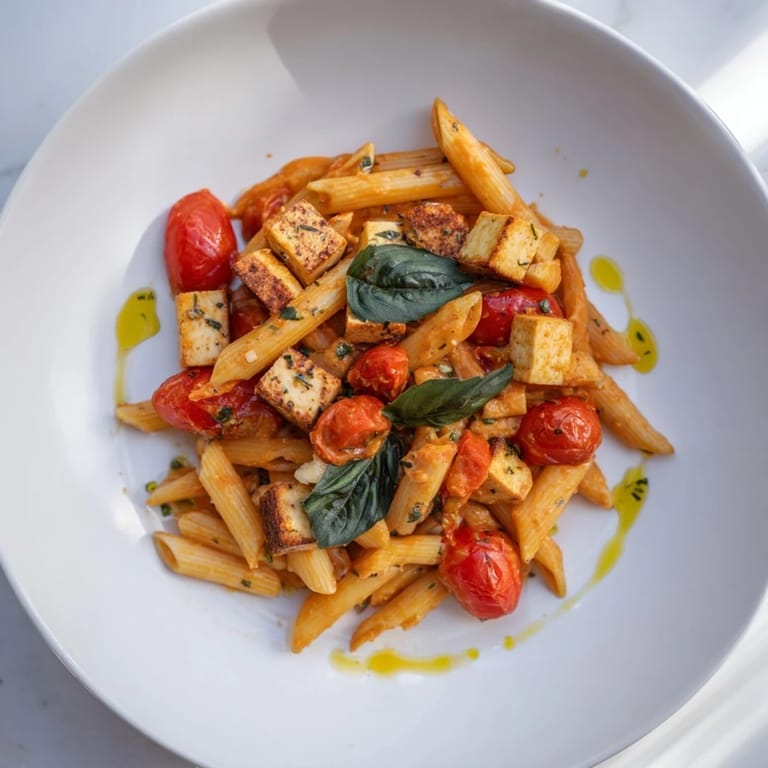 Creamy vegan baked tofu feta pasta with vibrant red tomatoes and fresh basil garnish.