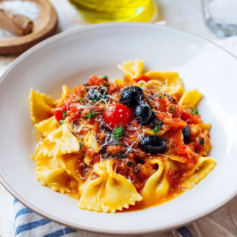 Flavorful Puttanesca Ditalini with bright flecks of parsley, offering a taste of Italy.