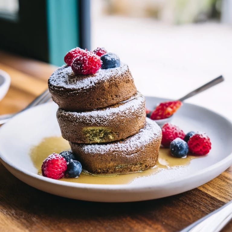 Light, airy Egg White Gingerbread Matcha Soufflé Pancakes, beautifully puffed and ready to be enjoyed with maple syrup.