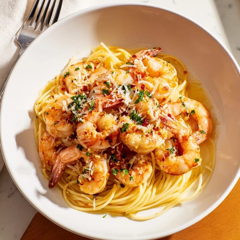 This one-skillet lemon garlic shrimp angel hair pasta presents a luscious plate of perfectly cooked shrimp and delicate pasta.