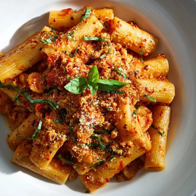 Close-up of Spicy Arrabbiata Pasta, showcasing the appealing textures of the sauce, chickpeas, and fresh toppings.