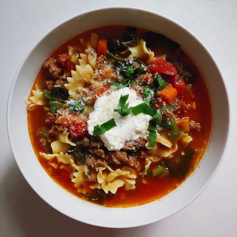 A comforting bowl of Healthy Lasagna Soup Christmas Pasta Bowl filled with nourishing vegetables and flavorful broth.