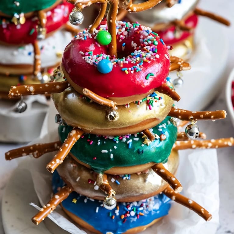 Vibrant holiday Donut Stack Christmas Ornament Tower, a unique edible centerpiece.