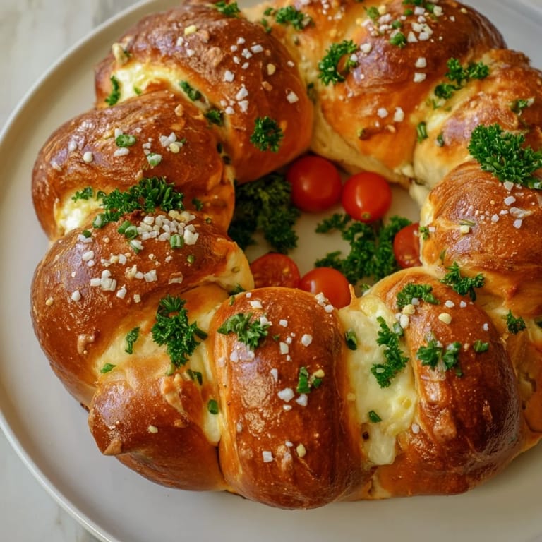 A close-up shot of the pretzel joy wreath, showcasing melted cheese and flaky, salted crusts, perfect bite-sized appetizers.