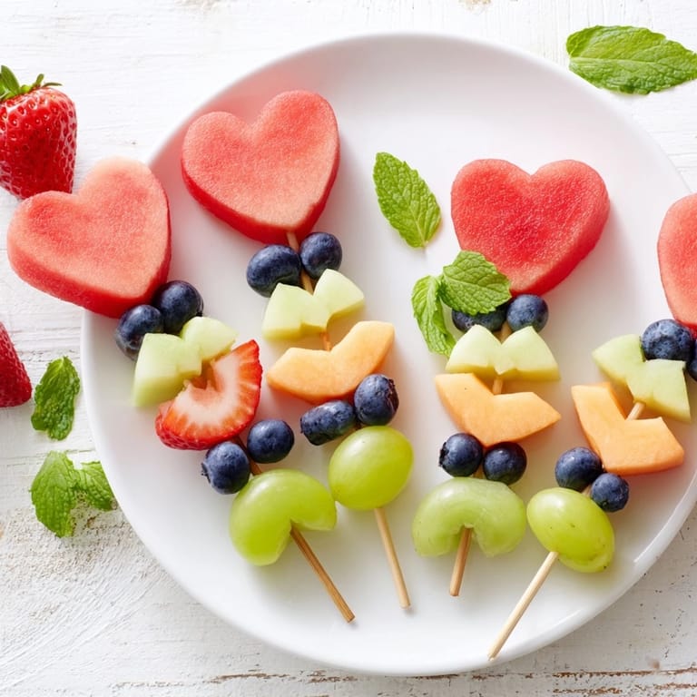 Close-up of Berry Good Heart Fruit Skewers featuring heart-shaped melon and berries, a fun, easy treat.