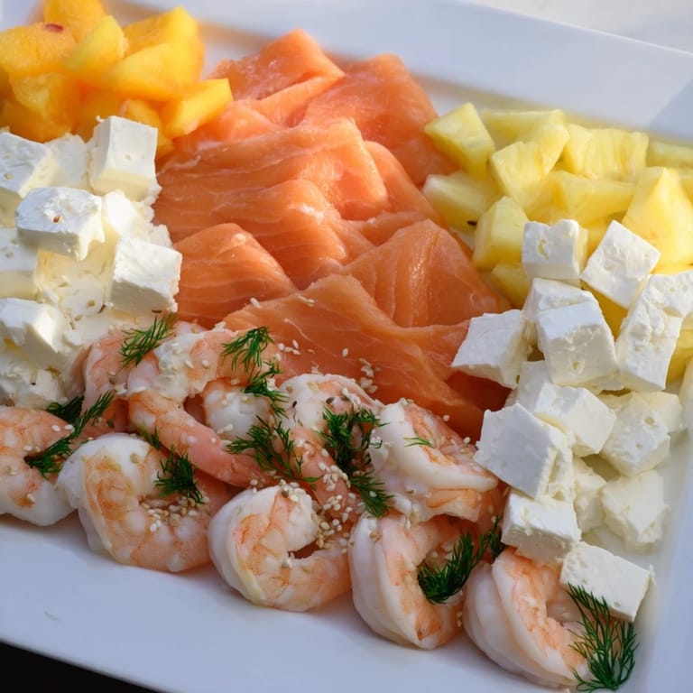 Vibrant Wave Rider Surfer Snack Board with shrimp, pineapple, and spicy mayo, ideal for beachside snacking and summer fun.