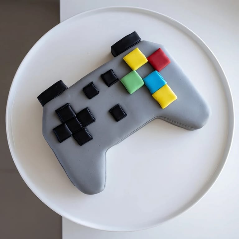 Delicious vanilla Pixel Video Game Controller Cake, ready to serve with beautifully detailed button fondant.